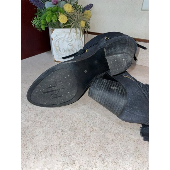 Lauren Ralph Lauren Black Suede Fringe Ankle Boots With Gold Buckle & Side Zippe - Picture 3 of 8